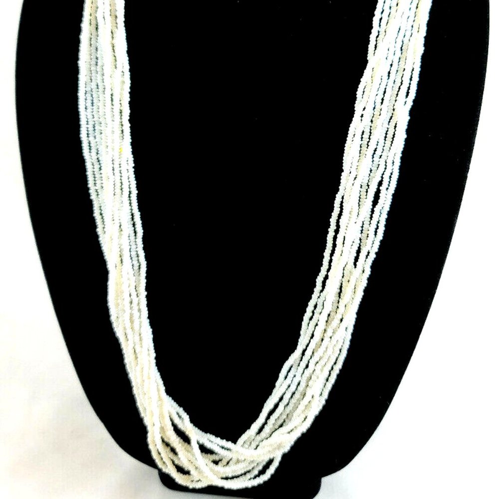 VINTAGE SMALL WHITE BEADED 10 STRAND NECKLACE SIGNED WD